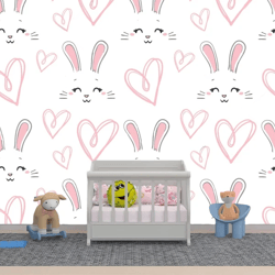 Pink Bunny Pattern Mural Kids Wallpaper Premium Fabric Wall