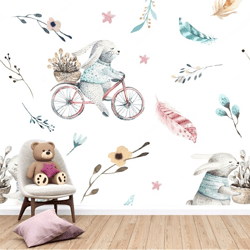 Rabbit Animal Pattern Wallpaper Decor Baby Forest Watercolor