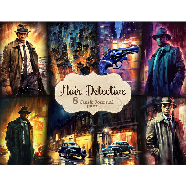 Noire Detective Junk Journal Kit, Vintage Car Printables, GlamArtZhanna, Detective Novels, Vintage Diary Pages, Neon City, 50s, Art Noir, Murder Mystery, Night