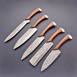 custom handmade hand forged damascus steel chef knife set with leather roll bag