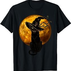 scary vintage black cat with witch hat full moon - halloween t-shirt