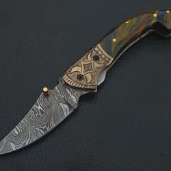 damascus steel custom made pocket folding knife resin handle w/sheath