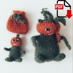 Pumpkin man knitting pattern. Set of Halloween gifts. DIY knitting tutorial. English PDF.