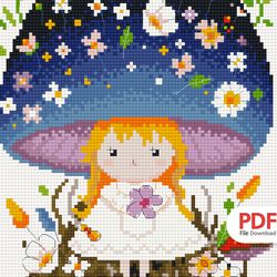 anp226_mushroom girl_cross stitch pattern pdf,cross stitch chart,counted cross stitch pattern,instant pdf download