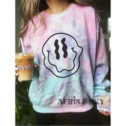 drippy smile face sweatshirt, tie dye sweatshirt, vsco crewneck sweatshirt, sweatshirts for women trendy, aesthetic clot