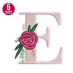 Floral Alphabet E Letter embroidery design, Machine embroidery pattern, Instant Download