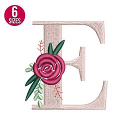 floral alphabet e letter embroidery design, machine embroidery pattern, instant download