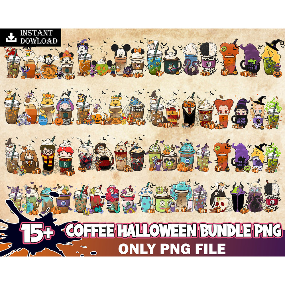 15 Halloween Coffee Png Bundle, Halloween Boo Coffee Png, Villains Latte, Fall latte png, Horror Movie Inspired Coffee, Sublimation design Png Instant Download.