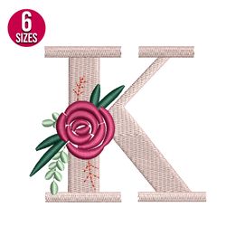 Floral Alphabet K Letter embroidery design, Machine embroidery pattern, Instant Download