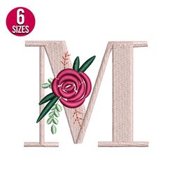 Floral Alphabet M Letter embroidery design, Machine embroidery pattern, Instant Download