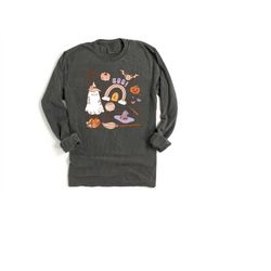 long sleeve retro halloween comfort colors shirt, halloween doodle shirt, vintage ghost halloween shirt, witch shirt, re