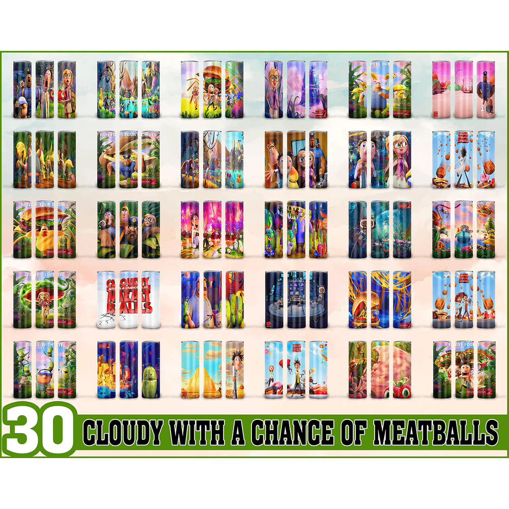 30 Cloudy With A Chance Of Meatballs tumbler ,Tumblers Designs 20oz Skinny Straight & Tapered Bundle, Bundle Design Template for Sublimation, Full Tumbler Wrap,