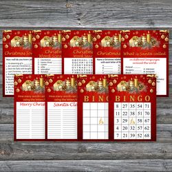Christmas party games bundle,Printable Christmas Party Game Pack,Gold Christmas candles Christmas Trivia Game Cards
