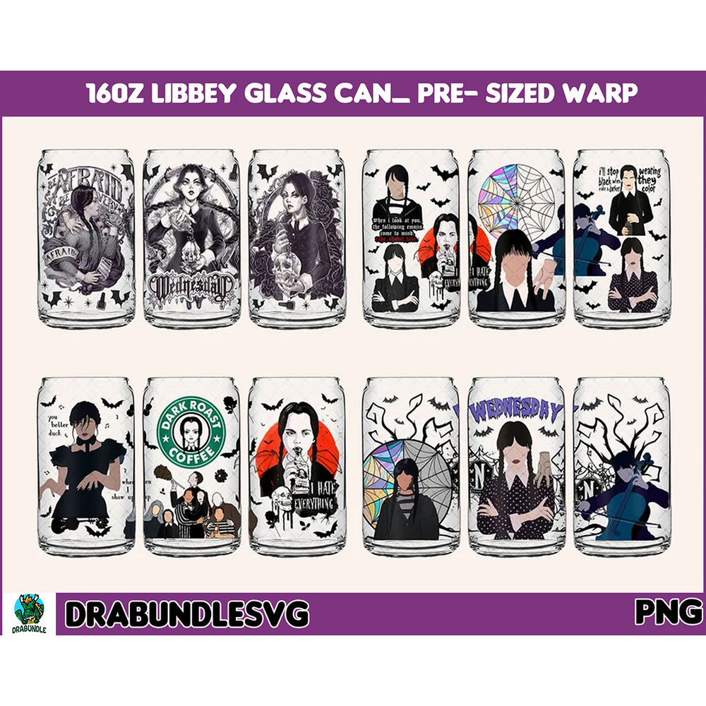 4 Addams Family, Wednesday Glass Wrap PNG, 16oz Libbey Can Glass, Full Can Wrap,Addams Sublimation Tumbler,Can Glass Wrap,PNG Instant Download.jpg