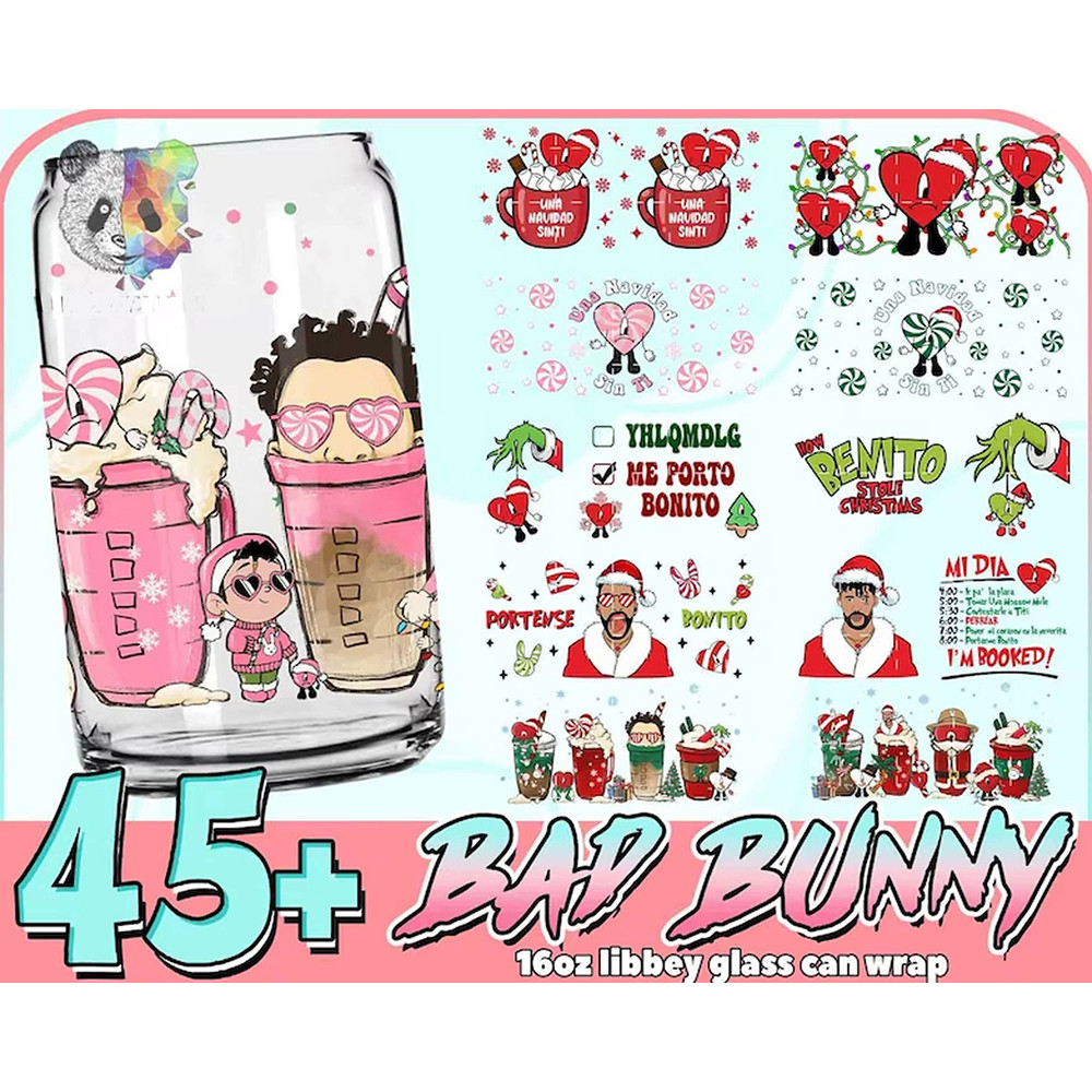 45 Christmas Bad Bunny 16oz Glass Can Png, Libbey Can Glass 16oz, Funny Christmas Tumbler, Una Navidad Sin Ti PNG, Instant Download.jpg