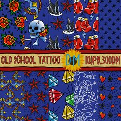 old school tattoo seamless pattern - tattoo digital papers - blue background