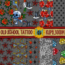 old school tattoo seamless pattern - tattoo digital papers - grey background