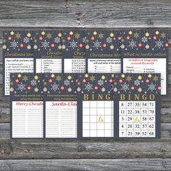 Christmas party games bundle,Printable Christmas Party Game Pack,Golden snowflakes and toys Christmas Trivia Game Cards