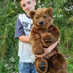 Big stuffed bear toy. Handmade bear. Brown realistic bear. Poseable plush toy.