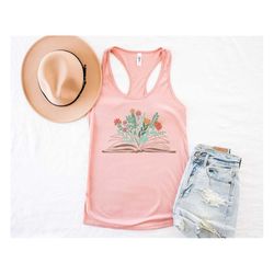 wild flowers in book tank top,flower books tank, gift for book lover,vintage floral tank,reading tank, floral books, gif