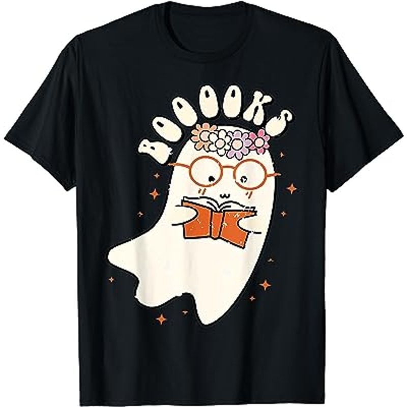 Cute Ghost Book Reading Halloween Teacher Top T-Shirt.jpg