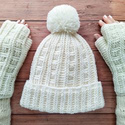 crochet hat with pom pom ribbed brim and fingerless glove for women pattern quick easy crochet computer gloves warmt