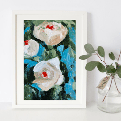White roses flowers original oil painting hand painted modern impasto painting wall art 6x9 inches