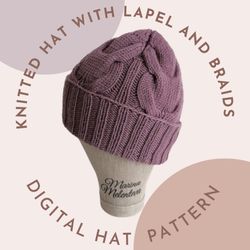 Knitted hat with lapel and braids Digital pattern Cozy merino women's hat with lapel and braids Knit beanie pattern