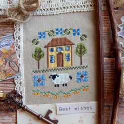 Country house cross stitch pattern Farm and sheep cross stitch chart Primitive cross stitch pattern PDF download