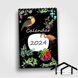 printable wall calendar 2024 in pdf. monthly calendar traditional poster 2024 with flora and birds with colourful design