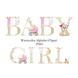 Watercolor baby girl, teddy bear, letters, baby alphabet, birthday numbers, clipart abc, png.