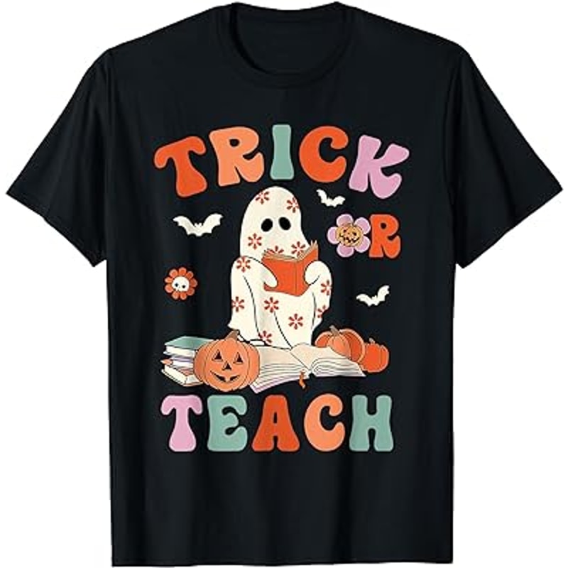 Halloween Trick Or Teach Retro Floral Ghost Teacher T-Shirt.jpg