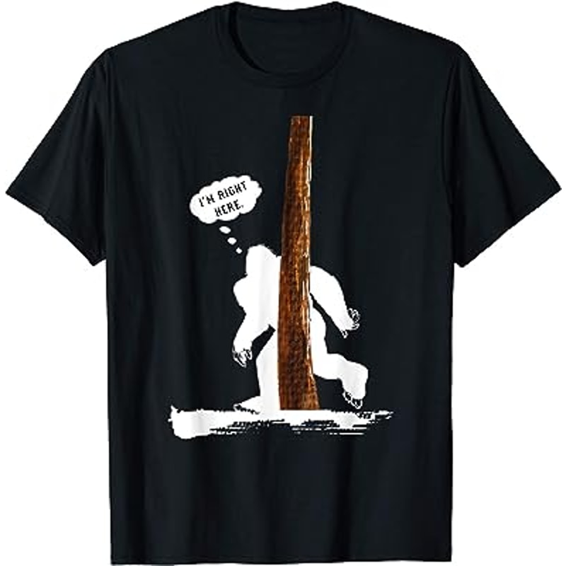 Funny Bigfoot Hiding Behind Tree for Sasquatch Believer T-Shirt.jpg