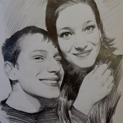 Two Persons Hand-drawn pencil portrait from photo and scanned to digital file, Custom portrait from photo