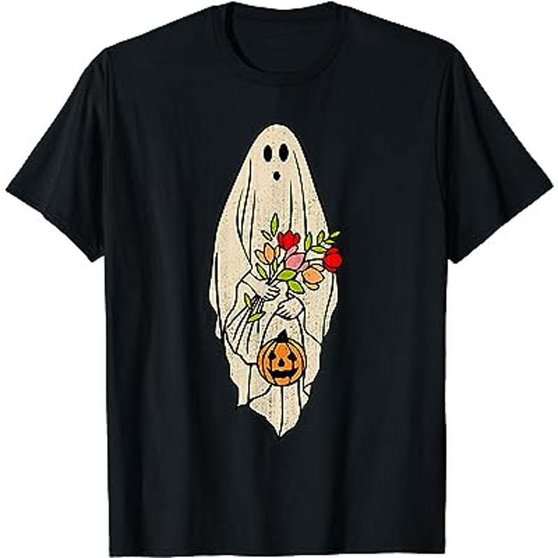 Groovy Vintage Floral Ghost Cute Halloween Spooky Season T-Shirt.jpg