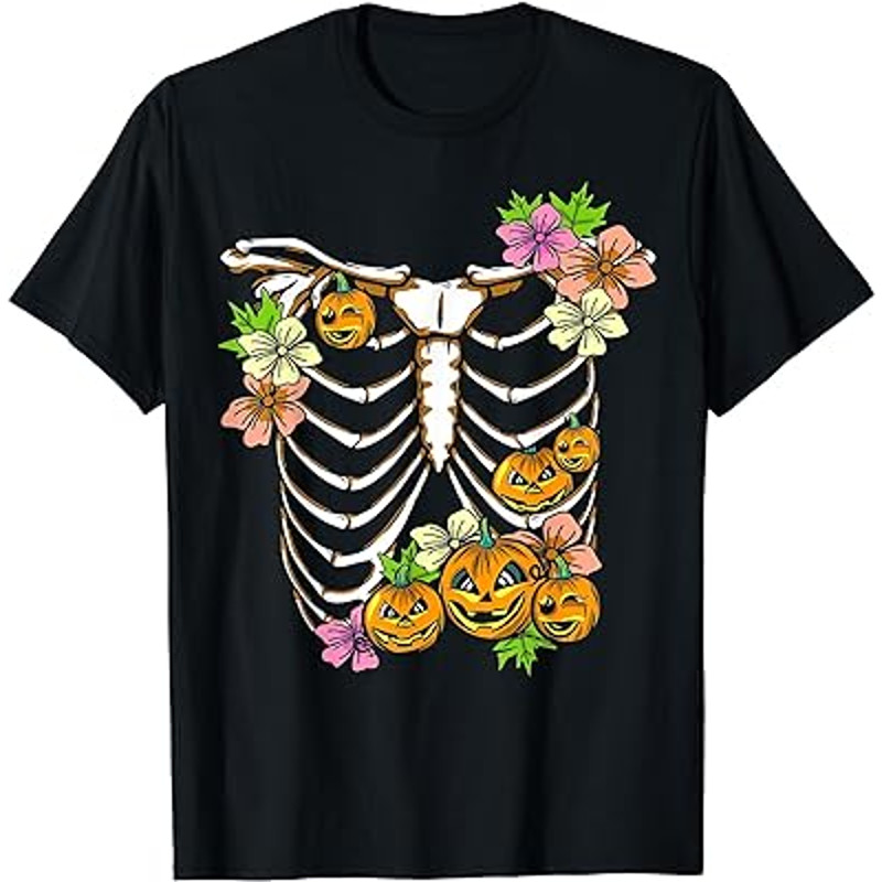 Skeleton Rib Cage Floral Pumpkin Funny Halloween Costume T-Shirt.jpg