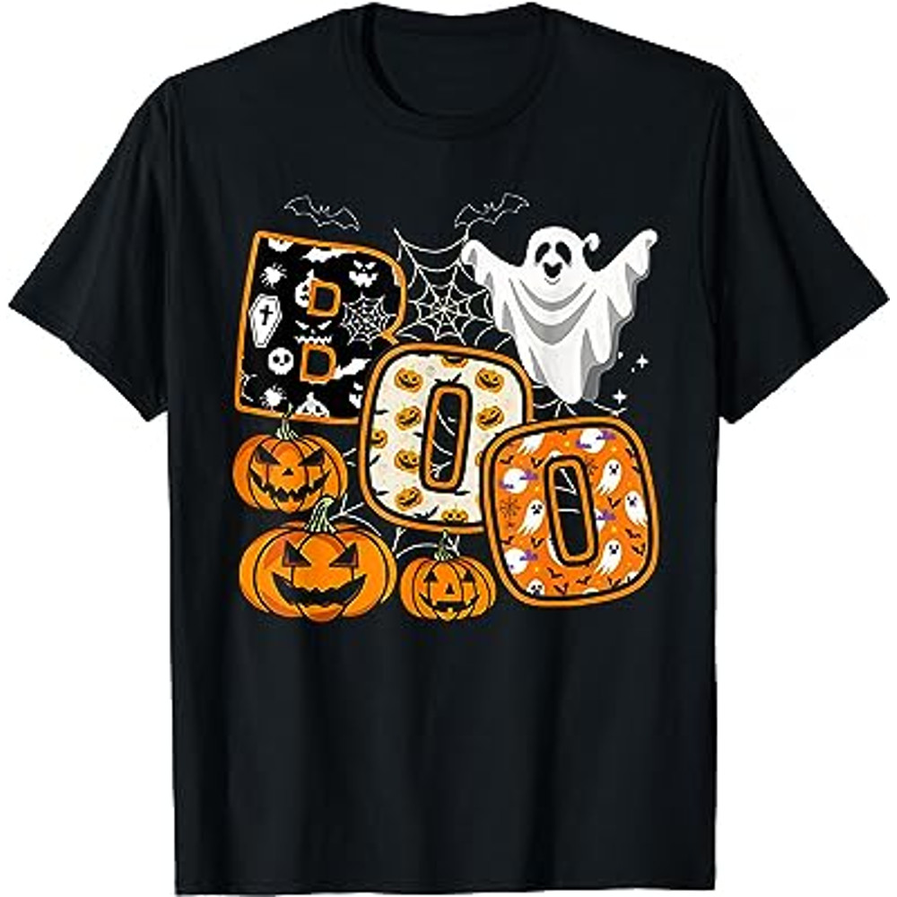 Boo Halloween Costume Spiders, Ghosts, Pumkin & Witch Hat T-Shirt.jpg