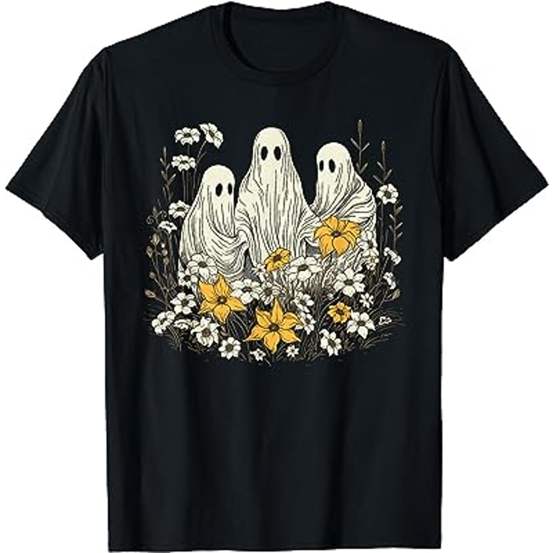 Retro Vintage Halloween Ghosts Boo Fantasy Flowers Sketch T-Shirt.jpg