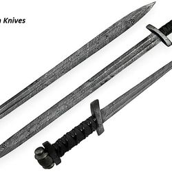 hand forged damascus steel viking sword / medieval sword with leather sheath.