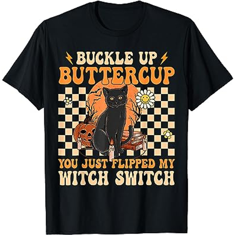 Retro Groovy Cat Buckle Up Buttercup Witch Hippie Halloween T-Shirt.jpg