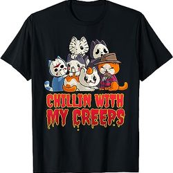 chillin with my creeps funny cat horror movies serial killer t-shirt