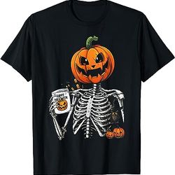 coffee drinking skeleton pumpkin halloween costume women men t-shirt