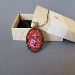 Ribbon embroidered pendant for her,  4th wedding anniversary gift, embroidery jewelry necklace
