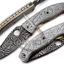 Handmade Damascus Mosaic Pattern Folding Knife with Hand Engraved Handle