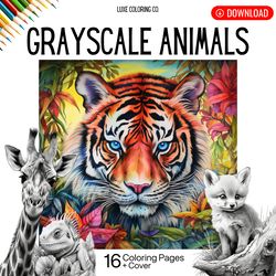 Grayscale Cute Animals Coloring Pages | Colouring Books | Coloring Pages for Adults | unique gift | collection | Safari