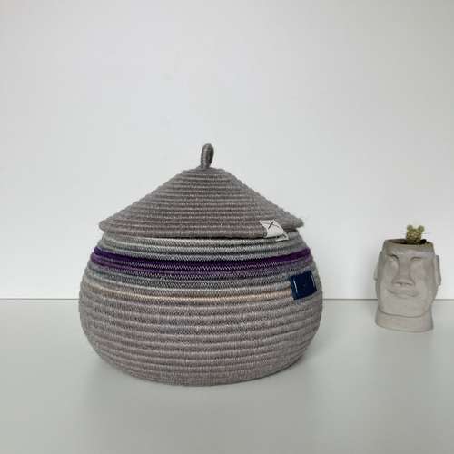 Grey jute storage basket with lid 8'' x 7.5''