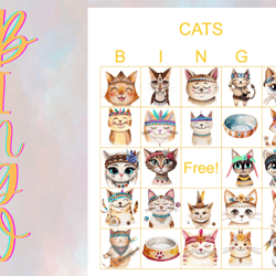cats bingo printable,bingo 100 cards,5x5,party bingo, pdf