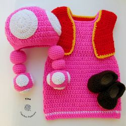 Toadette Baby Costume | Crochet Baby Dress | Mario Bros. Photo Prop | Crochet Halloween Costume | Baby Shower Gift