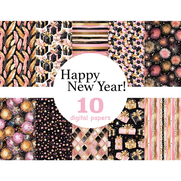 Black And Pink Digital Paper, Happy New Year Seamless Paper, GlamArtZhanna, New Year Party Seamless Pattern, Party Invitation Paper, New Years Eve Paper, Celebr