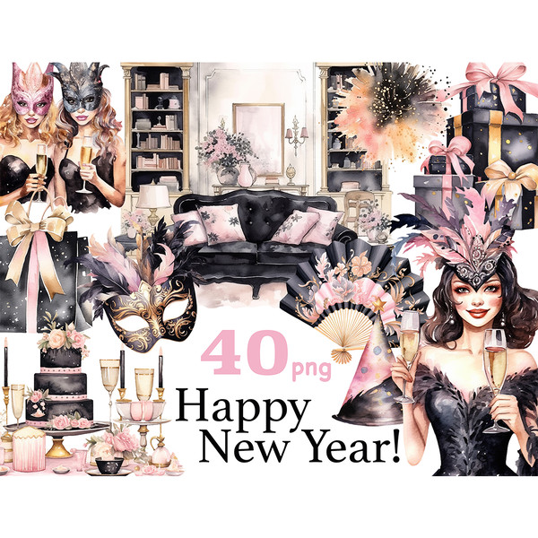 Happy New Year Clipart, Fashion Girl Clipart Collection, GlamArtZhanna, Pink Gold Black PNG, Party Girls Clipart Set, New Years Eve Art, Happy New Year 2024 Cli